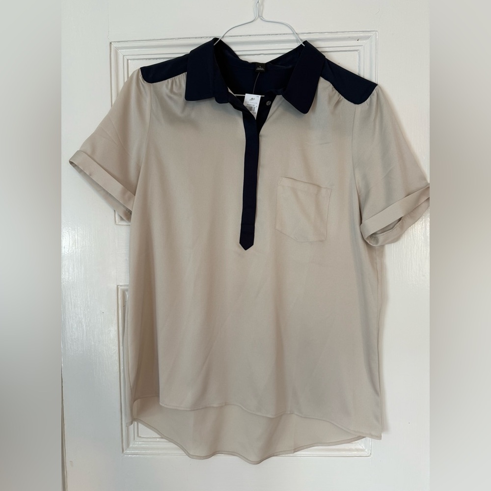 Ann Taylor Beige Blouse with Navy Trim